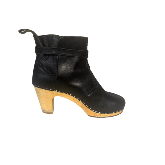 Swedish Hasbeens Jodhpur Toffel Wood Clog Black Leather Strap Boots - Picture 6 of 16